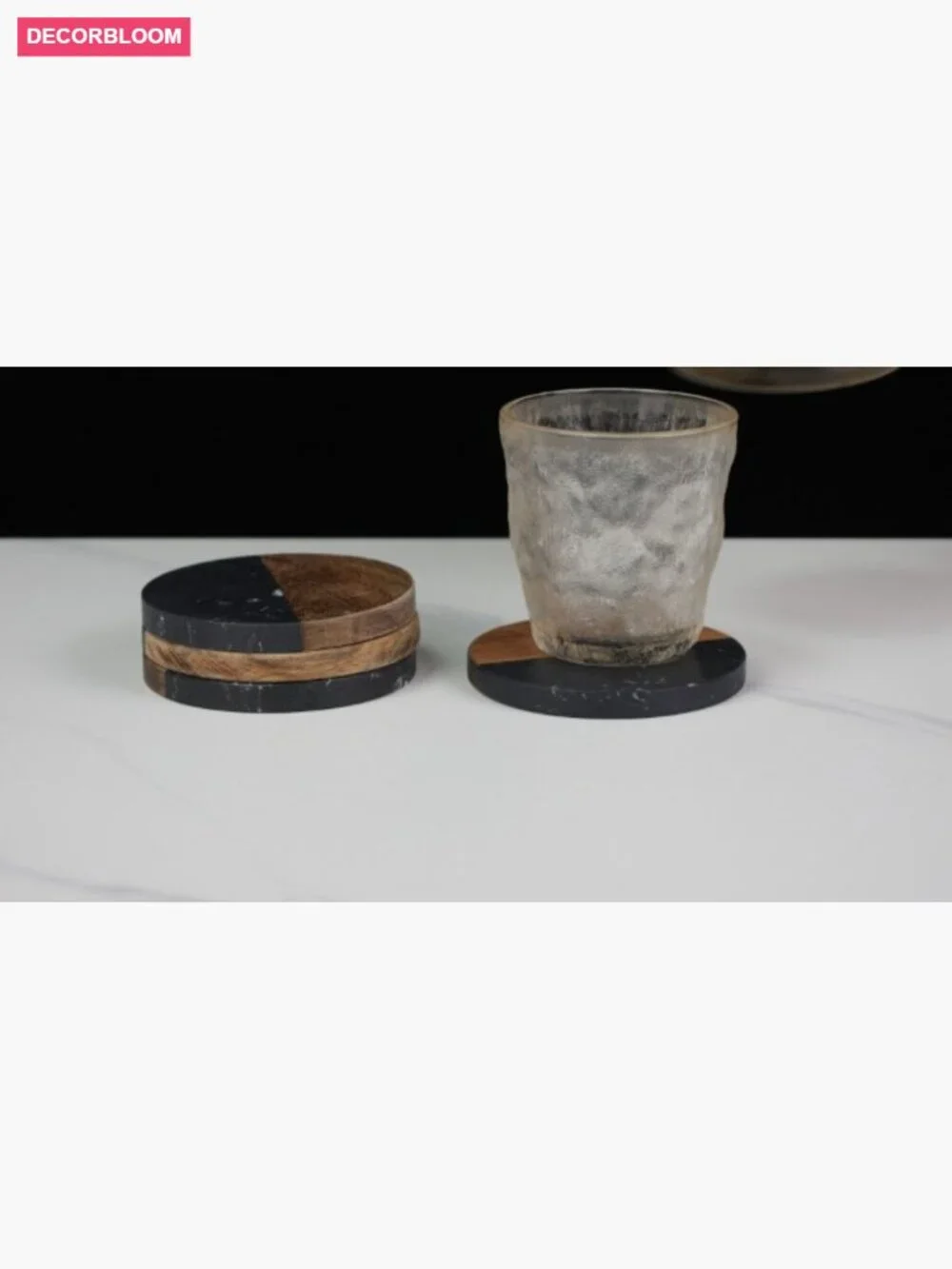 Set of 4 Acacia Wood and Marble Coasters, 3.9 inch, for Drinks